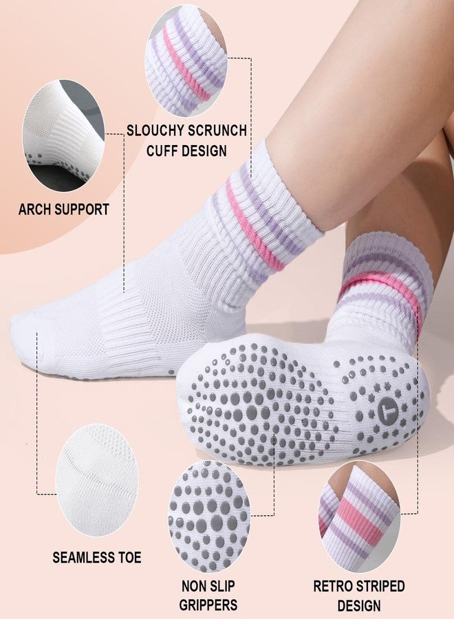 floconssy Slouch Pilates Socks with Grips for Women, Christmas Striped Yoga Non Slip Scrunch Crew Socks Slipper Footies for Barre Hospital Workout 3 Pairs White - Image 4